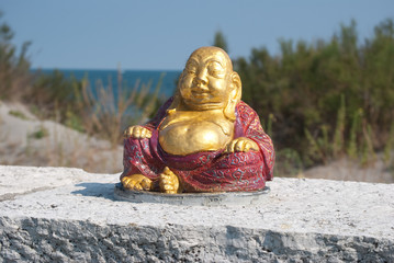 
small golden buddha statue, perched on the seashore