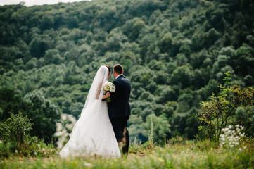 The bride and groom with a wedding bouquet, holding on hands and standing back looking on mountains.