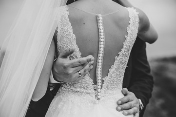The bride and groom hugging standing on nature. Look, View back. Black and white photo.
