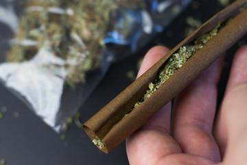Man holds blunt paper with cannabis, marijuana on background in package, copy space