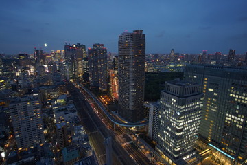 Modern business district with skyscrapers in Tokyo at night