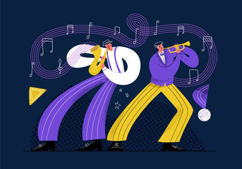 Vector flat illustration with jazz performers performing at concert. Two men play trumpet and saxophone. Musical instruments are represented abstractly as notes. Concept entertainment, art, recreation