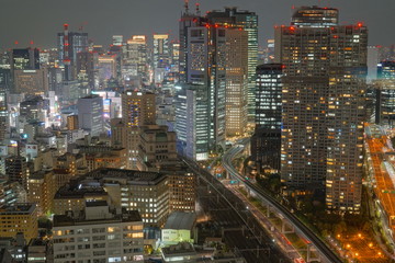 Modern business district with skyscrapers in Tokyo at night