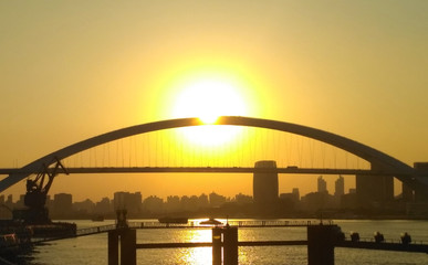 Fototapeta na wymiar magnificent bridge view at sunset in Shanghai