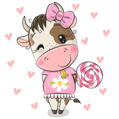 Cartoon Cow on a hearts background