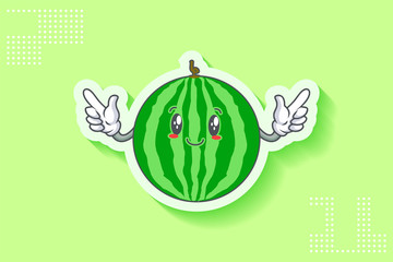 SLIGHTLY SMILE FACE, SLIGHTLY, SMILING, SMILE Face Emotion. Double Forefinger Handgun Gesture. Watermelon Fruit Cartoon Drawing Mascot Illustration.
