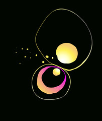 Golden Fluid circles on black abstract background composition with splashes and staines, watercolor ink stains and glowing artistic shapes of paint. Vector decorative simple gradients design.
