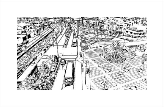 Building view with landmark of Ambato is a city located in the central Andean valley of Ecuador.  Hand drawn sketch illustration in vector.