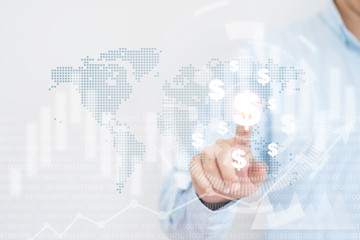 Businessman touching virtual monitor screen with dollar sign and world map for currency exchange concept.