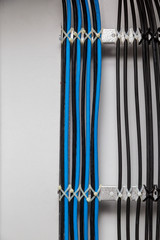 The black and blue cable wires are symmetrically secured with white cable ties to the metal cable tray, ladder on a white background. Cable management. Vertical orientation. 