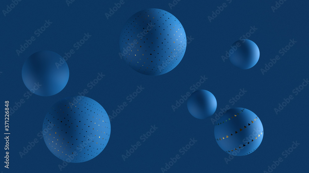 Poster 3d render background with spheres in front of blue wall with bump noise texture. minimalistic. geome