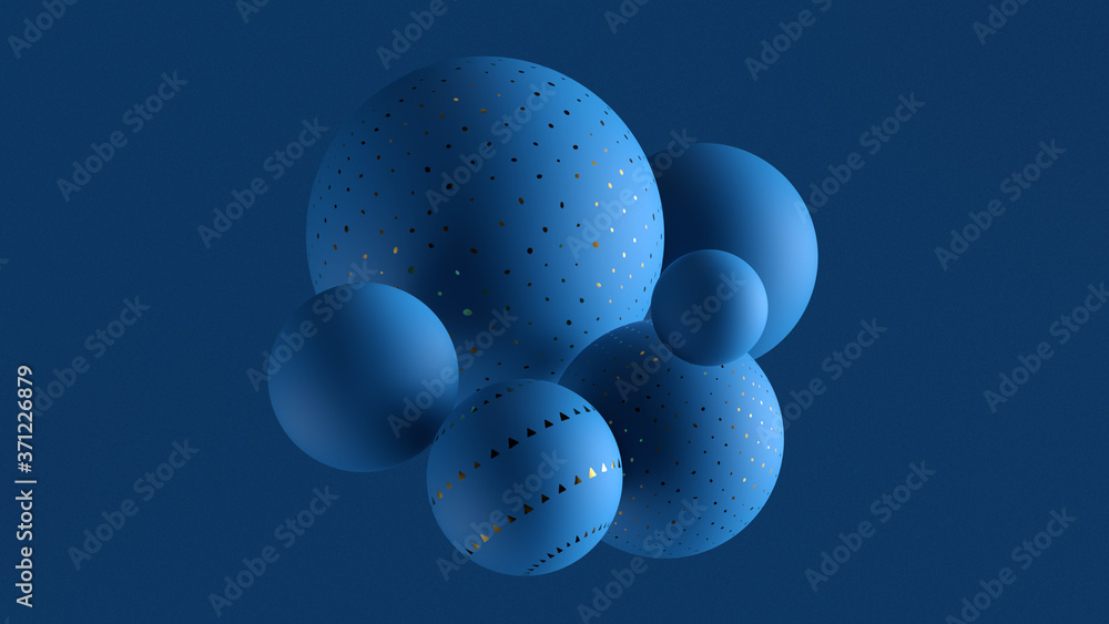 Poster 3d render background with spheres in front of blue wall with bump noise texture. minimalistic. geome