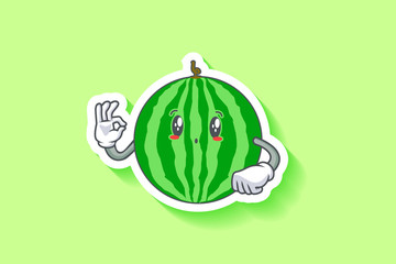 UH , OH, GASP Face Emotion. Nice Hand Gesture. Watermelon Fruit Cartoon Drawing Mascot Illustration.