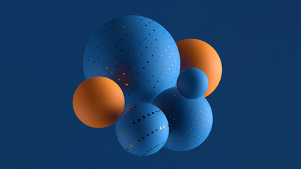 3d render background with blue and orange spheres in front of blue wall with bump noise texture. Minimalistic. Geometric composition.