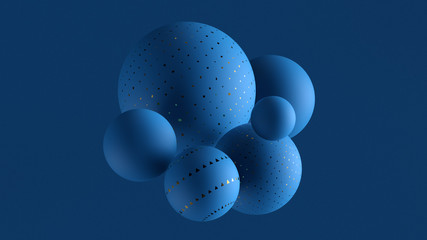 3d render background with spheres in front of blue wall with bump noise texture. Minimalistic. Geometric composition.