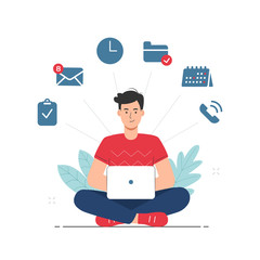 Multitasking and time management concept with man working on laptop illustration - 371228211