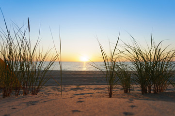 Sunset over the sea. Reflection of sunlight in the sea waves. The sky in the sunset rays.