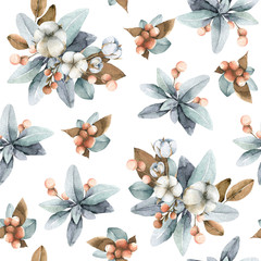 Fototapeta premium Hand painted watercolor seamless pattern of winter flowers of cotton, berries, leaves and branches. Illustration isolated on white