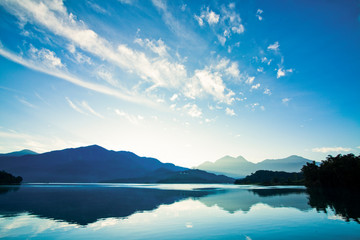 The scenery of Sun Moon Lake in the morning, a famous attraction in Taiwan, Asia.