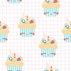 Seamless pattern with muffins unicorn. Cute holiday print. Vector hand drawn illustration.