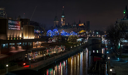 Fototapeta na wymiar Urban scenery surrounded with Christmas Lights