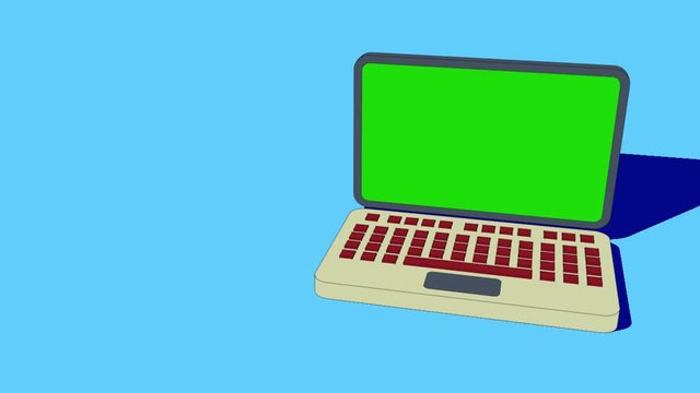 Animation of laptop computer with green screen, graphic mockup of notebook. Screen display for chroma key and keylight