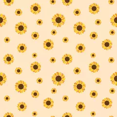 Wall murals Beige Vector seamless pattern of sunflower on a yellow background. T-shirt print, fashion print design, kids wear, greeting and invitation card.