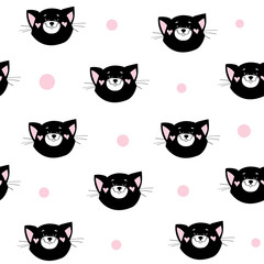 The head of a black cat in kawaii style on a white background seamless pattern for children
