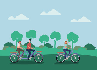 women and man cartoons riding bikes at park design, Nature outdoor and season theme Vector illustration