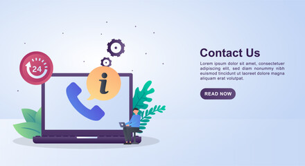 Illustration concept of contact us with the symbol 24 hours marking the service up to 24 hours nonstop.