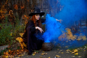 a girl in a black dress and a witch hat for Halloween with a VAT and blue smoke on a background of yellow and red leaves