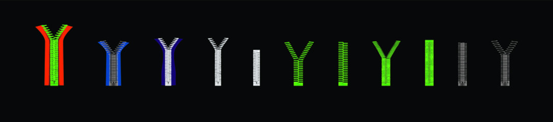 set of zipper. closed and open zip icon design template with various models. vector illustration on black background.