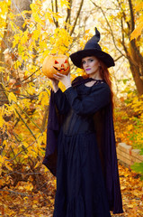 a girl in a black dress and a witch hat for Halloween with a pumpkin and a broom on a background of yellow leaves in a Park in the afternoon