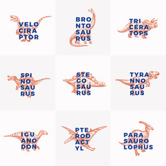 Prehistoric Dinosaurs Abstract Signs, Symbols or Logo Templates Collection. Hand Drawn Ancient Reptiles with Modern Typography Labels Set. Vector T-shirt Print or Emblem Concepts Bundle.