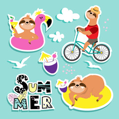 Fashion patch badges with summer sloths on a blue background. Sloth on an inflatable pink flamingo, on a bicycle, on a rubber ring and the inscription summer