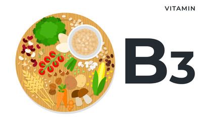 The nutritional components Vitamin B3 vector illustrations in flat style. Products with the maximum content of vitamin B3.