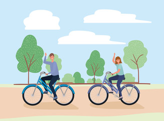 woman and man cartoons riding bikes at park design, Nature outdoor and season theme Vector illustration