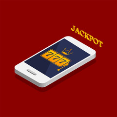 Isometric design of slot machine with lucky sevens jackpot on a phone screen. Online casino in a smartphone. Vector illustration isolated on dark red background.