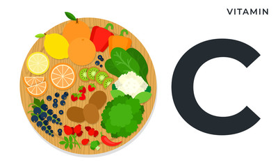 Set vitamin C with products nutrition flat vector icons isolated on white background.