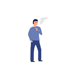 Man thinking and smoking. Standing man with cigarette in his hand, with cloud of black smoke. Cigarette addiction vector. Cartoon character vector image.