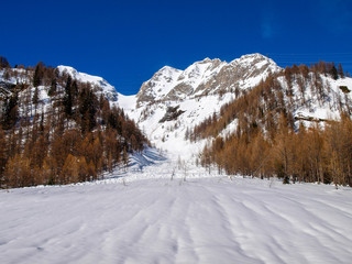 Fototapeta na wymiar snowy winter panorama of the valley.