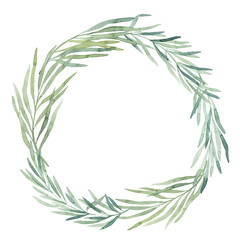 Watercolor Christmas tree, holly and poinsettia. Hand painted vintage frame with branches, berries and leaves isolated on white background. Traditional evergreen frame