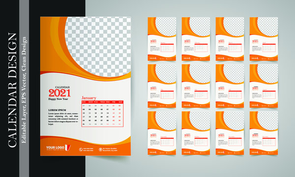 2021 happy new year calendar layout template design, 2021 calendar template Free, 2021 modern calendar layout, Abstract orange 2021 calendar template