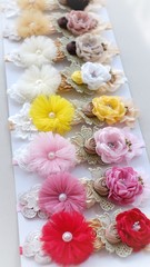 Obraz na płótnie Canvas Headband flower made out of flower fabric in beautiful pastel colors. The handmade floral is great for hair accessories with its colorful flower and beautiful for hair band.