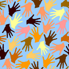 Seamless pattern with palm prints. Symbol of racial and national equality, friendship, happy childhood, world peace, unity of peoples and globalization