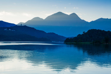 The scenery of Sun Moon Lake in the morning, a famous attraction in Taiwan, Asia.