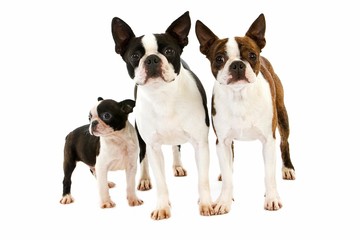 Boston Terrier Dog, Pair with Pup against White Background