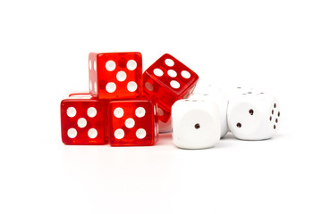 White and red glass dices isolated on white background.
