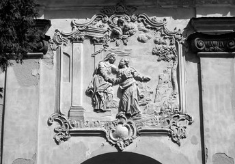 Detail Roman catholic sanctuary. Artistic look in black and white.