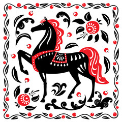 Decorative horse and floral ornament. Ethnic black and red painting. Rustic style